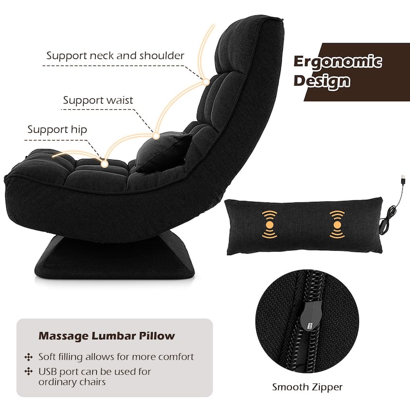Polyester Swivel Floor Chair with 5-Position Adjustable Recline and Lumbar Pillow