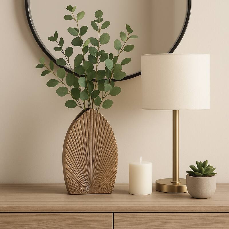 Decorative Metal Flower Vase With Grooved Detailing - Stylish Chic Home Accent Decor - 9" x 3" x 14"