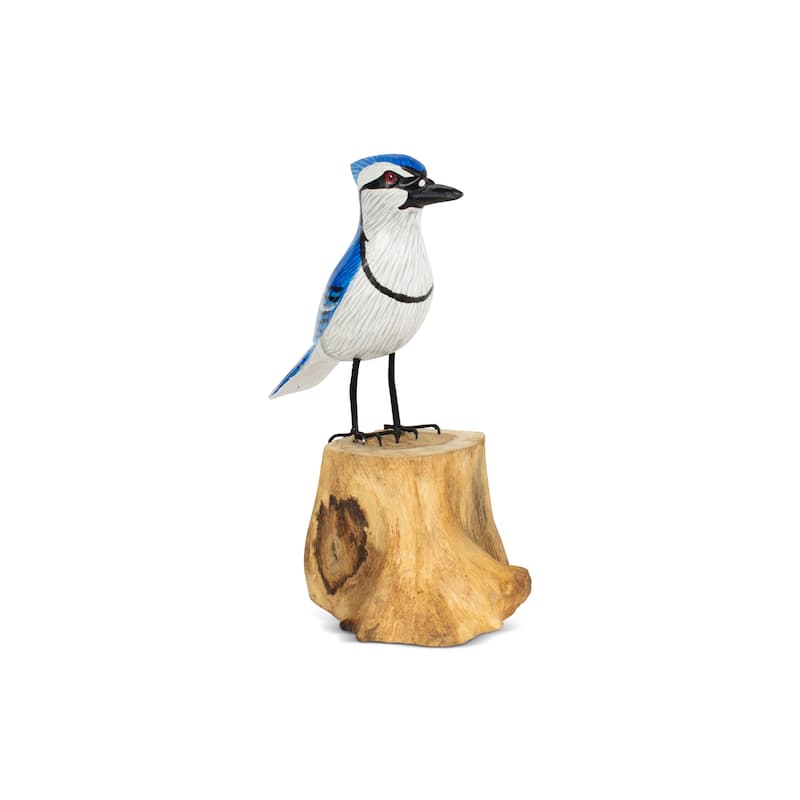 Wood Blue Jay Figurine - Hand Carved Songbird Sculpture, Nature Inspired Bird Decor - 7.5" tall x 5" wide x 3" deep