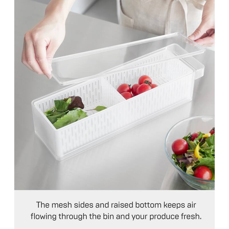 Yamazaki Home Refrigerator Colander with Lid and Divider, Plastic, Lid - L 4.33 x W 14.76 x H 3.35 inches
