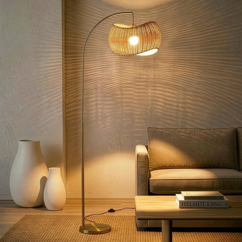 Brightech Wave 81 in. Mid-Century Modern LED Super Bright Floor Lamp with Beige Bamboo Drum Shade