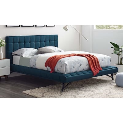 Monee Biscuit Tufted Blue Fabric Upholstered Queen Size Platform Bed