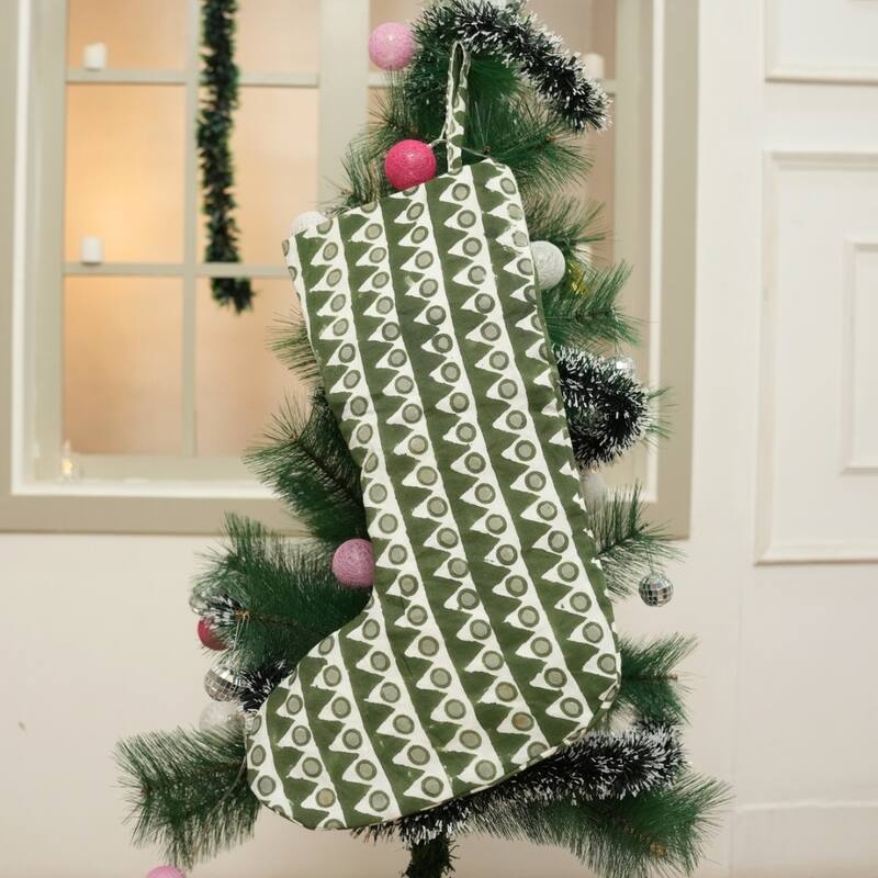 Fabdivine Handmade Floral Christmas Stockings Linen Block Print Décor - 10"X4.5"