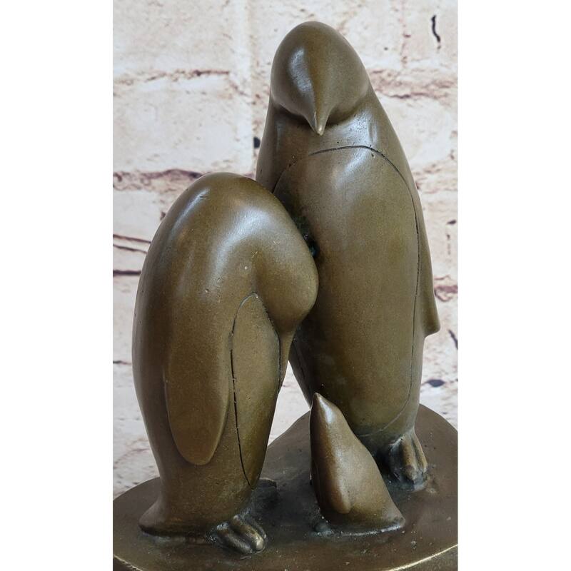Penguin Family On Heart Shaped Marble Base Bronze Statue Figure Sculpture 8 Inches X 6 Inches