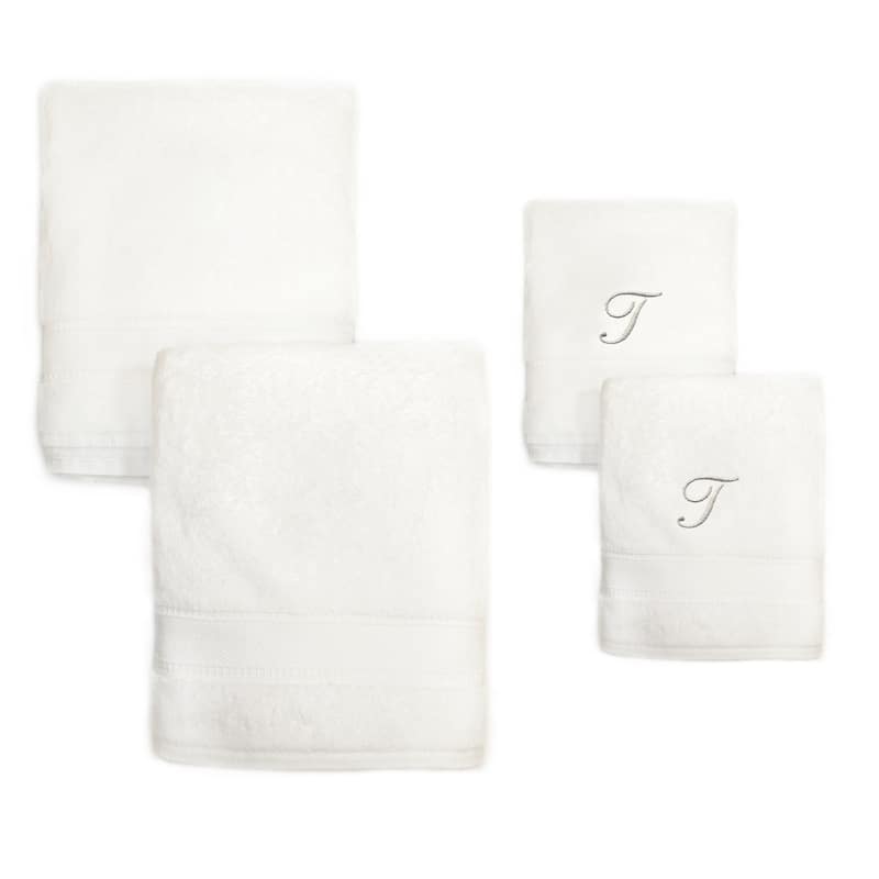 Authentic Hotel and Spa 4-piece White Turkish Cotton Towel Set with Silver Script Monogrammed Initial - White - T
