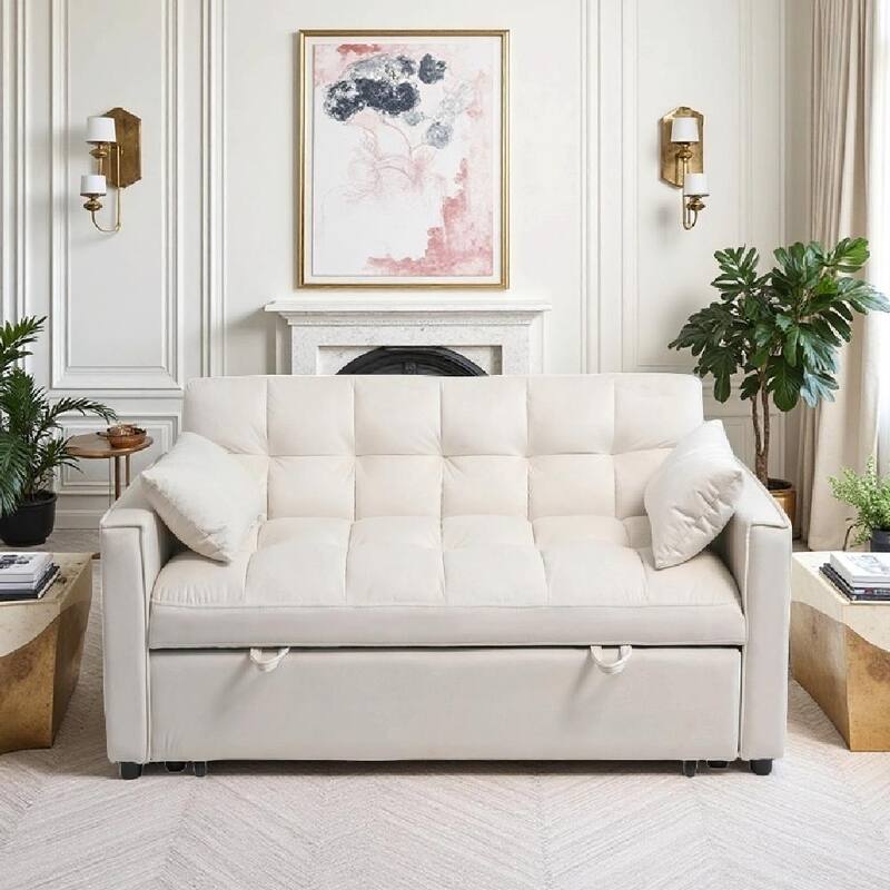 Pull-Out Sofa Bed - Adjustable Velvet Couch with Pillows