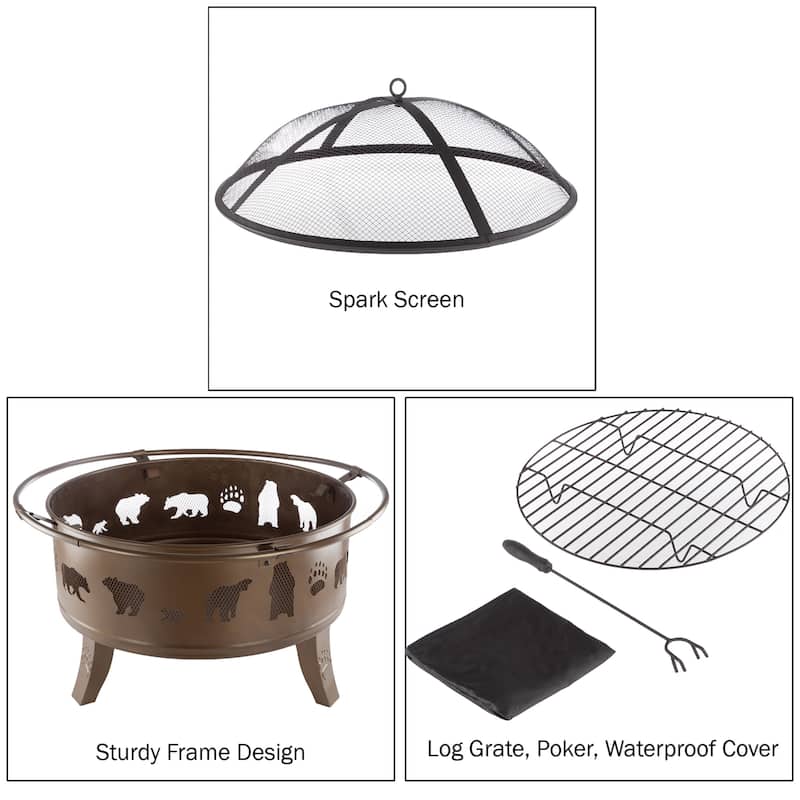 Pure Garden 32" Wood Burning Outdoor Fire Pit with Bear Cutouts - 32 x 32 x 25