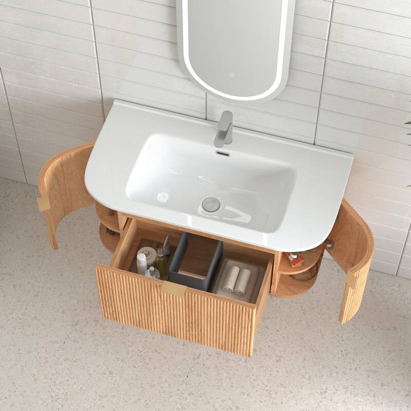 36" Bathroom Vanity with Basin,Wall-Mounted Floating Curved Edges Striped Bathroom Storage Cabinet with 2 Side Drawers