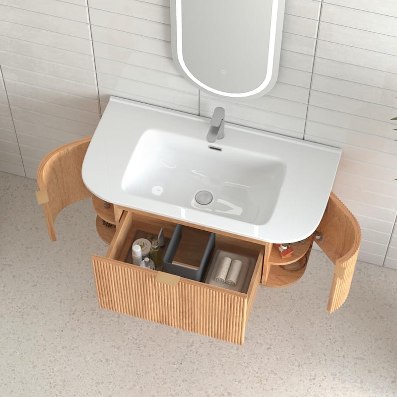 Wall-Mounted Floating Bathroom Vanity with Side Drawers,Ceramic Basin without Faucet