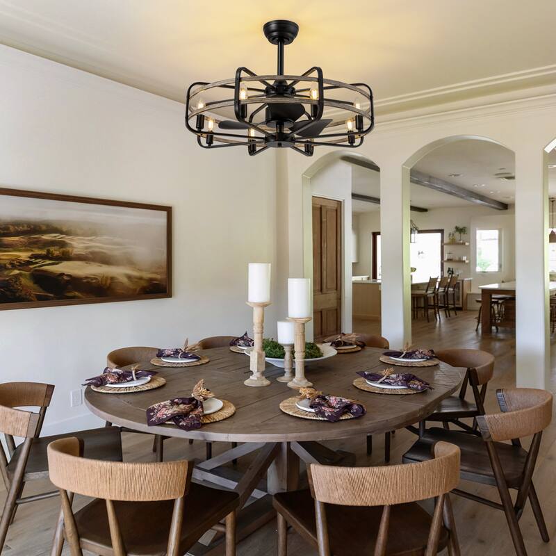 Industrial Black Caged Vintage Chandelier Ceiling Fan with Lights and Remote Control