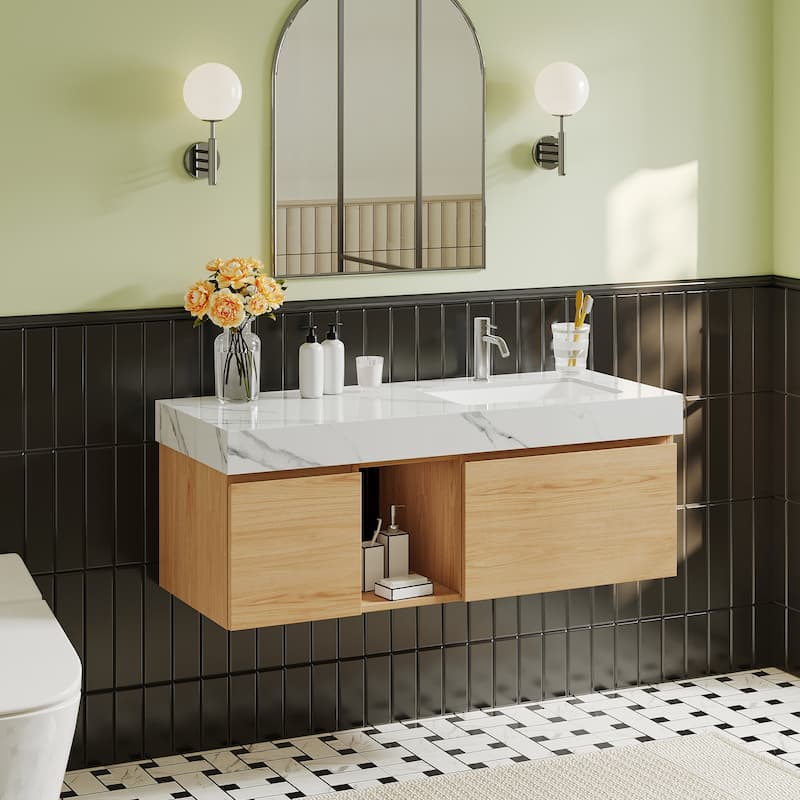48" Mid Century Single Bathroom faux marble Vanity with Top, Solid Wood, Floating Vanities for Bathroom, Not Assembled Need - Light Wood