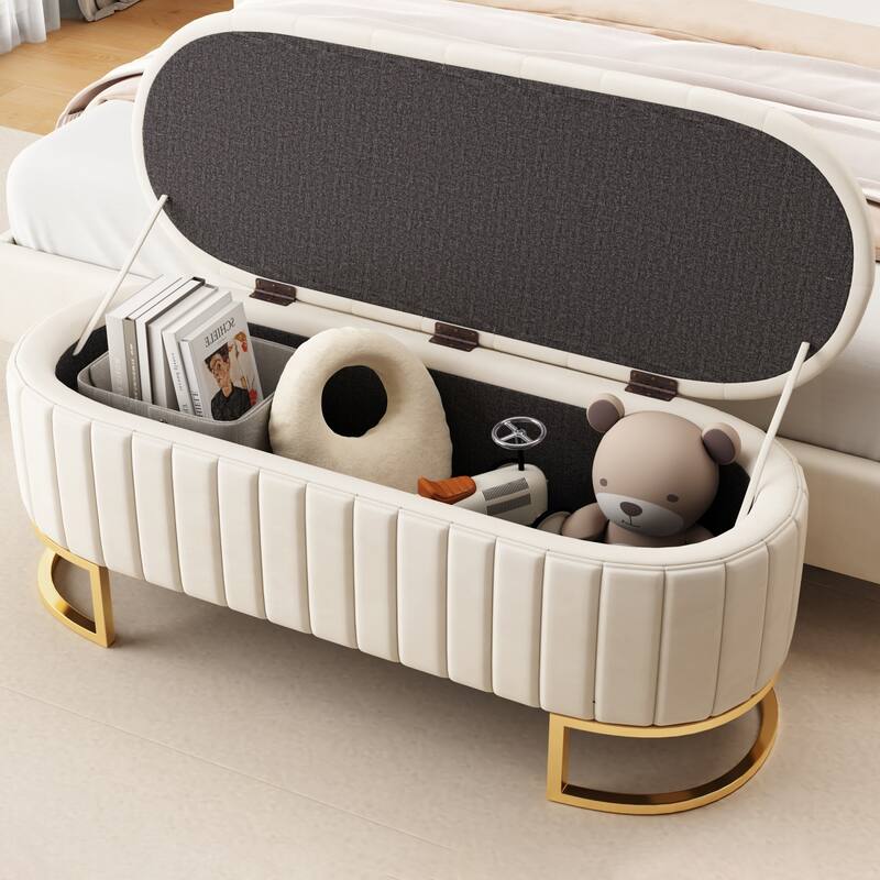 Elegant Velvet Storage Ottoman with Button-Tufted Top, Metal Legs