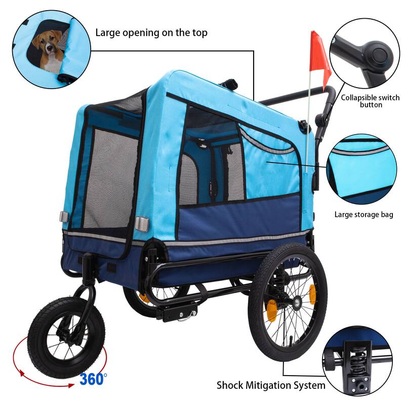 2-in-1 Bike Trailer & Push Cart for Pets, Detachable Bike Hitch & Push Handle Included, Non-Slip Floor, Holds Pets Up to 88 lbs