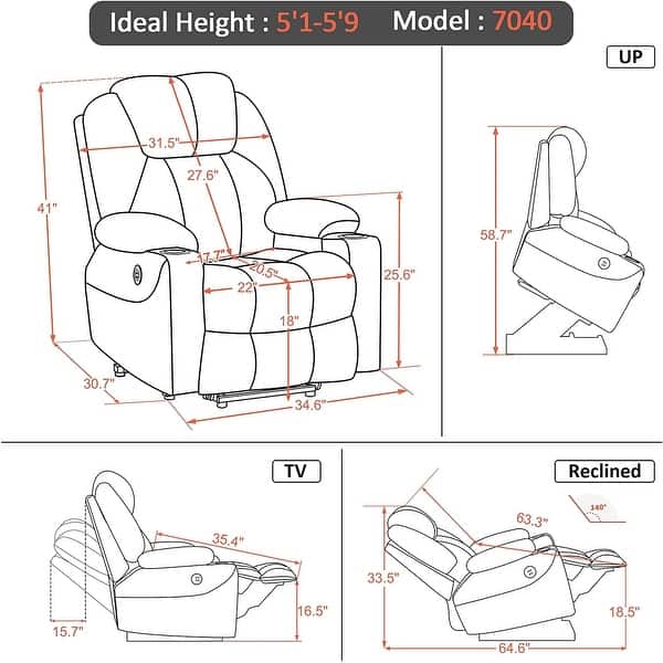dimension image slide 4 of 5, MCombo Electric Power Lift Recliner Chair Sofa with Massage and Heat for Elderly, 3 Positions, USB Ports, Fabric 7040
