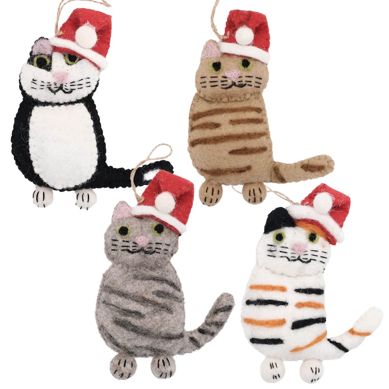 Handmade Felt Kitty Cat Collection of 4 Santa Cat Ornaments