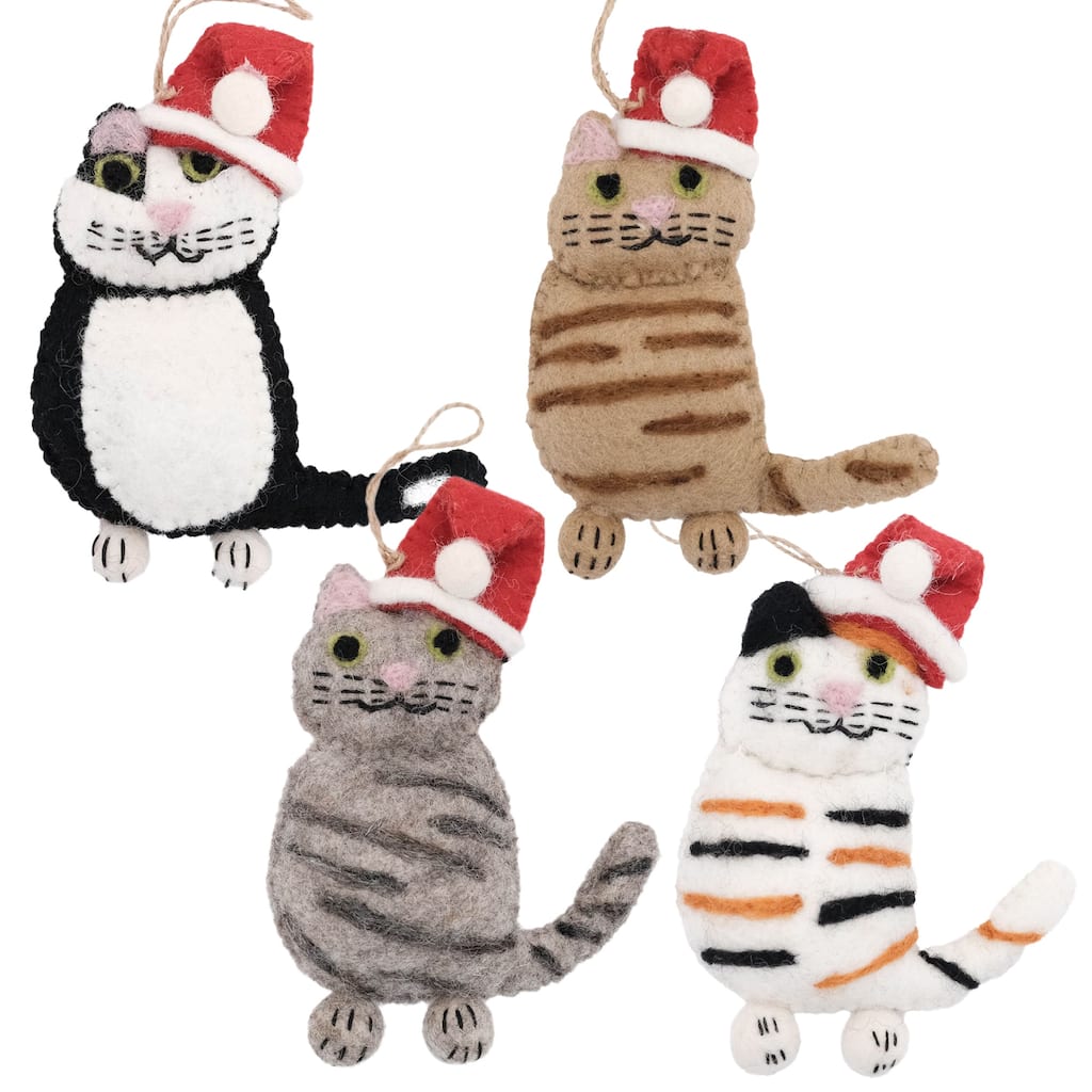 Handmade Felt Kitty Cat Collection of 4 Santa Cat Ornaments