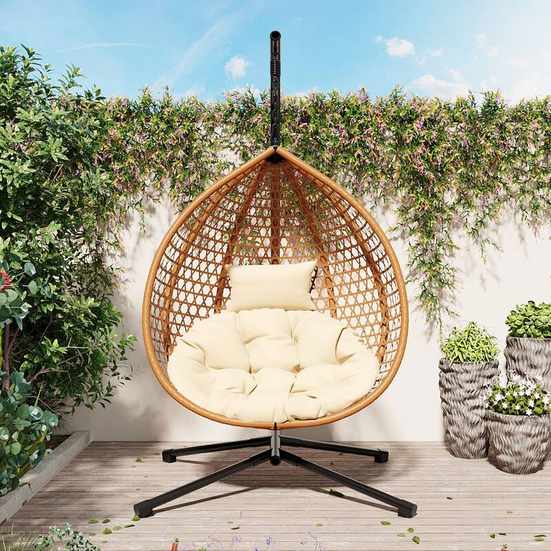 Sturdy Hammock Chair with Stand, Rattan Hanging Egg Chair with Soft Removable Cushion Swing Chairs for Balcony