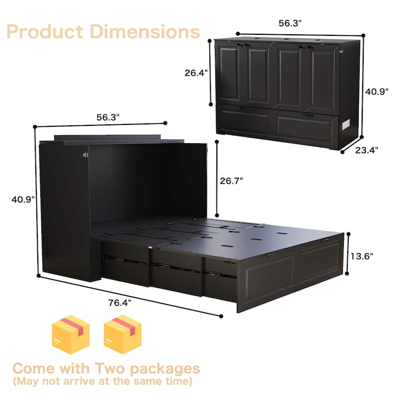 Murphy Bed Cabinet with Charging Port and Storage Drawer, White