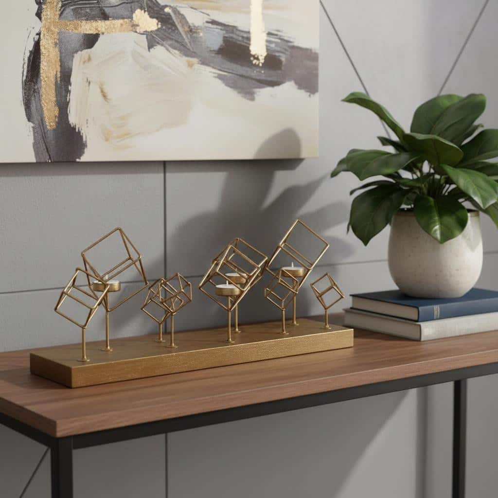 8" Brass Distressed Geometric Metal Tabletop Tealight Candle Holder