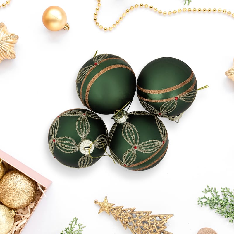 Holly Berry Christmas Glass Ball Ornaments - 3" - Green and Gold - 4ct