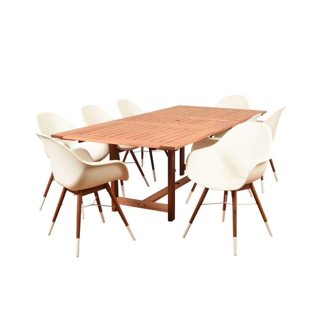 9-Piece Brown and White Charlotte Eucalyptus Rectangular Patio Dining Set 92.5"
