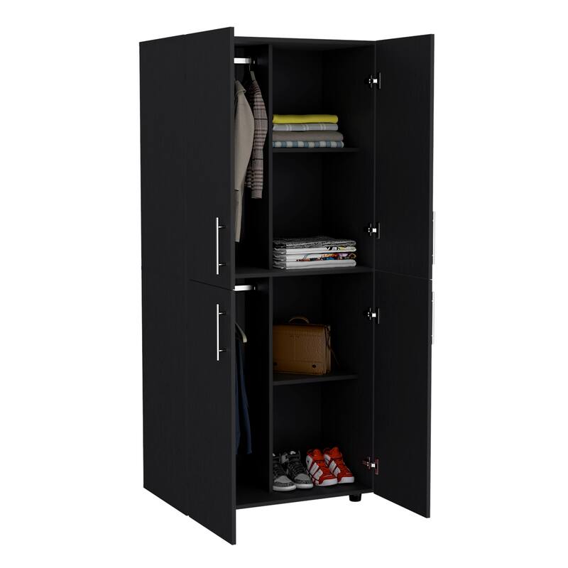 31.5" Modern Four-Door Armoire with Six Shelves and Two Hanging Rods for Bedroom