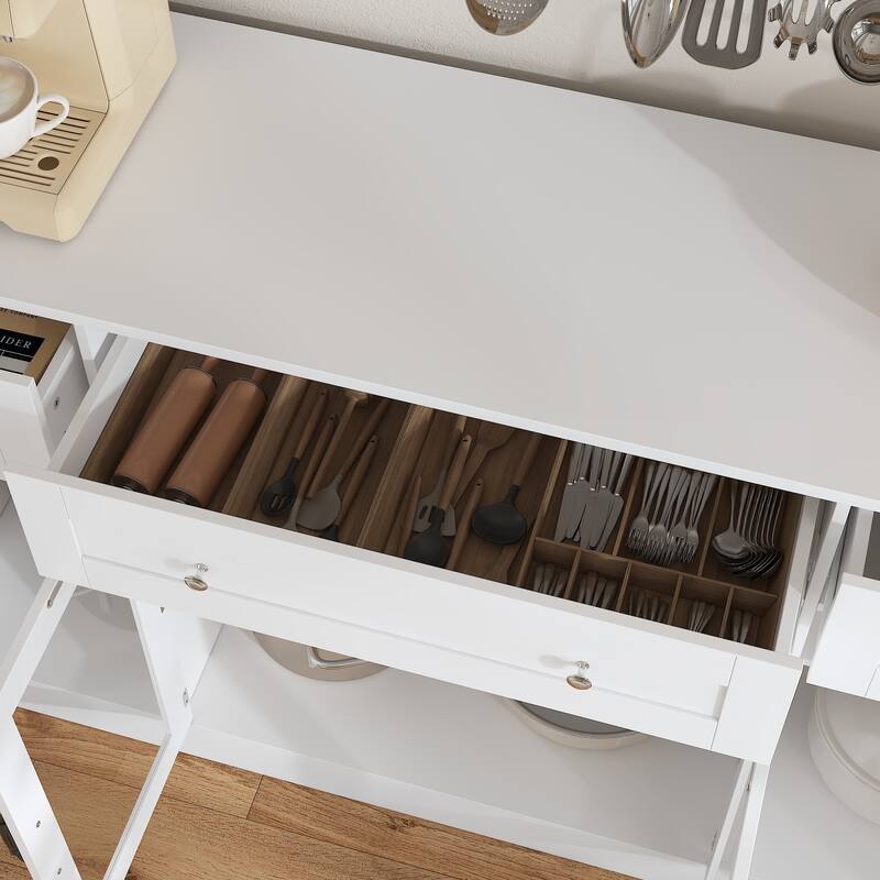 White Buffet Cabinet with 3 Drawers and 4 Doors, Glass Center Doors Sideboard