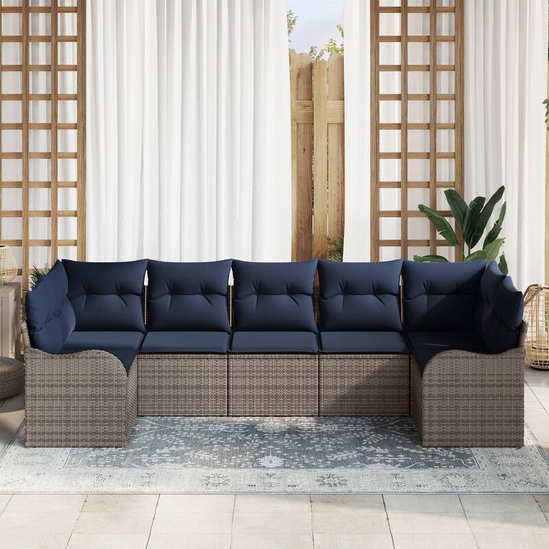 vidaXL 7 Piece Garden Sofa Set with Cushions Gray Poly Rattan - 48 x 114 x 33 in