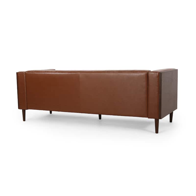 Biya Sofa, 3 Seater, 90 Inch, Tufted Brown Faux Leather, 2 Pillows