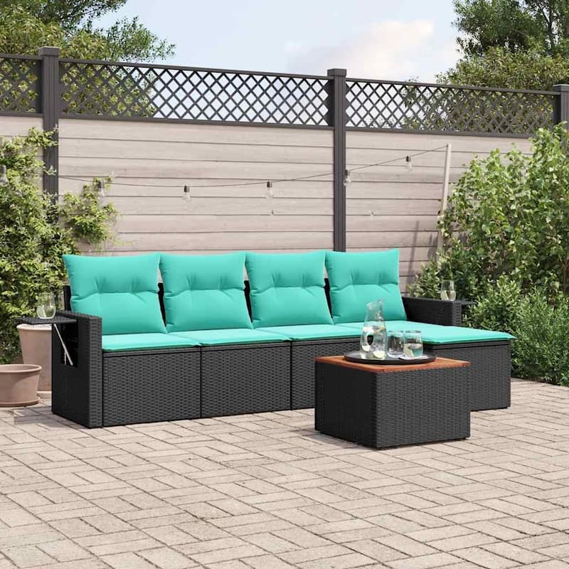 vidaXL 6 Piece Patio Sofa Set with Cushions Black Poly Rattan - 21.7" x 24.4" x 27.2" - Black and blue