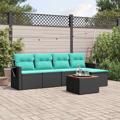 vidaXL 6 Piece Patio Sofa Set with Cushions Black Poly Rattan - 21.7" x 24.4" x 27.2"