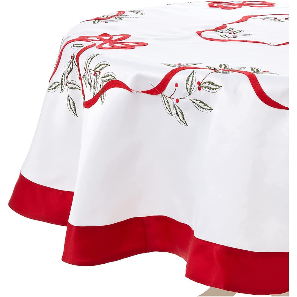 Violet Linen Christmas Holly Leaves Poinsettia Ribbon Bows Tablecloth