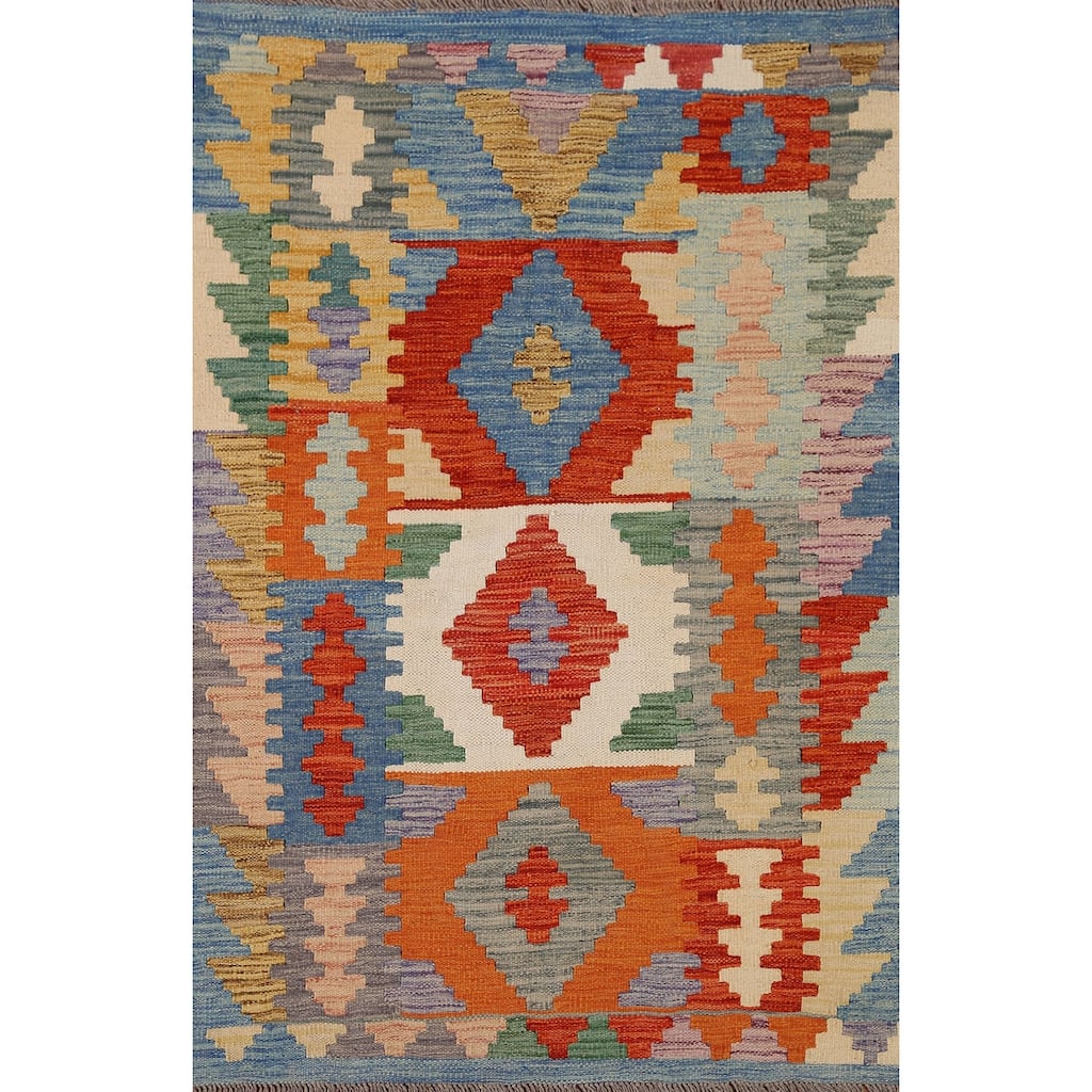 Multi-Color Reversible Geometric Kilim Rug Flat-weave Wool Carpet - 3'3" x 4'9"