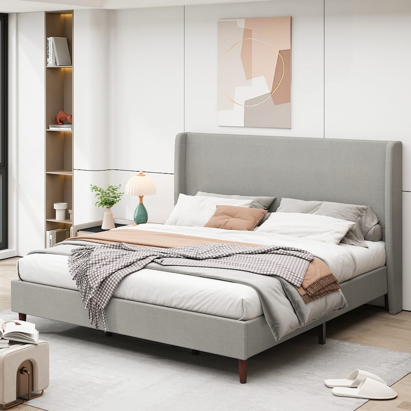 High Headboard Upholstered Platform Bed No Box Spring Needed - Light Gray Chenille Cloth - King