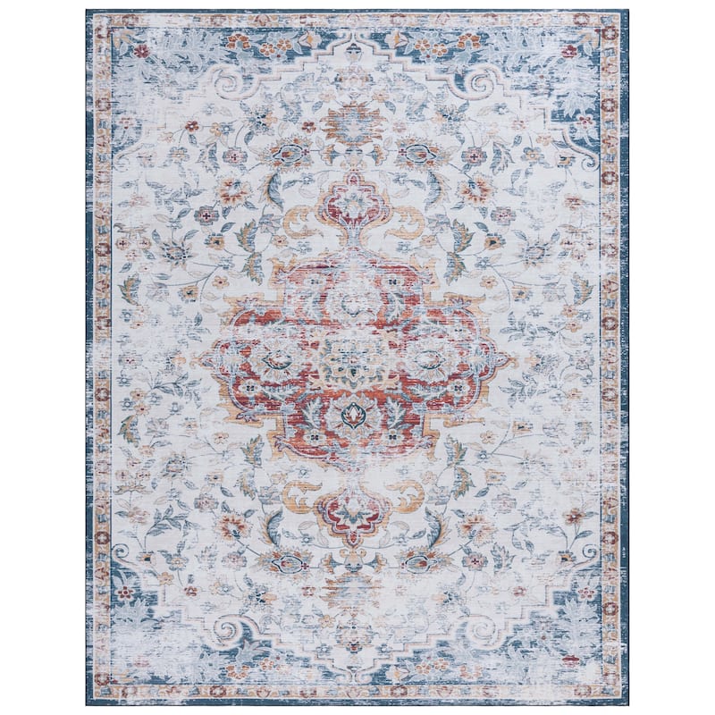 SAFAVIEH Tucson Machine Washable Slip Resistant Harmanda Oriental Medallion - 9' x 12' - Grey/Rust - Rectangle