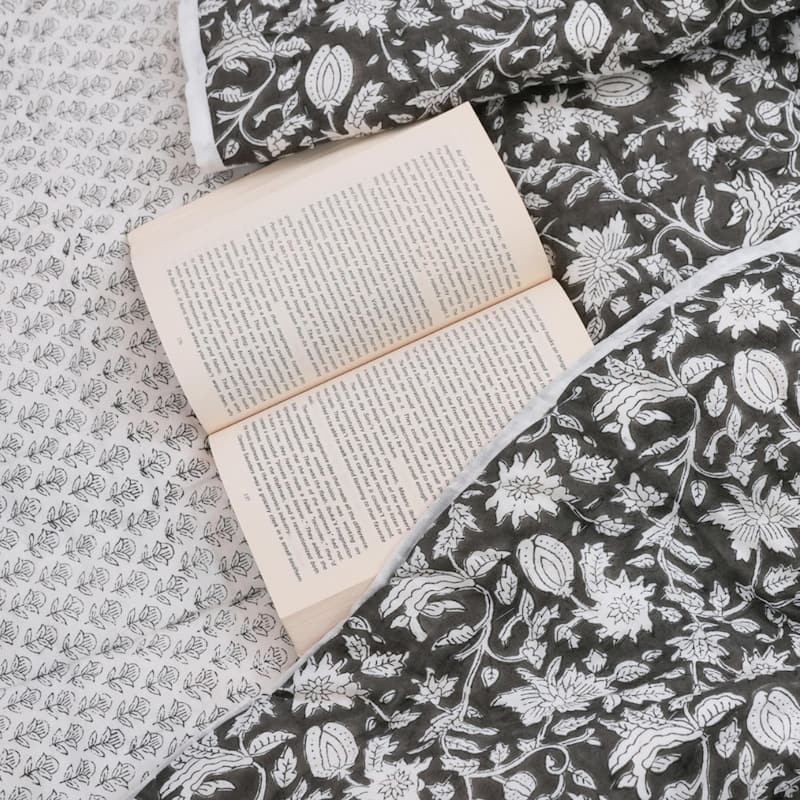 Fabdivine Handmade Block Print Reversible Black Quilt Floral Soft or Breathable Fabric