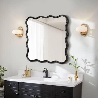 Mia Solid Wood Wavy Square Large Wall Mirror with HD Reflection and Artistic Frame Design by GDFStudio - 36" x 36"