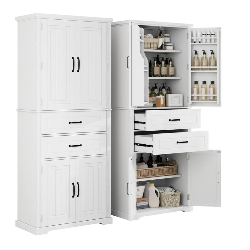 Bathroom Storage Cabinet with 2 Storage Drawers and 4 Doors, Freestanding Bathroom Floor Cabinet with Adjustable Shelf