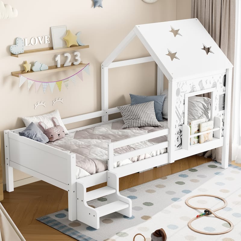 Low Profile Stairs Platform Bed Wood House Bed with Cute Star-shape Roof, Window, Bookcase and Blackboard for Boys and Girls - White - Twin
