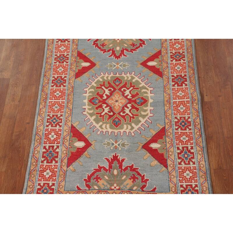 Geometric Kazak Accent Rug Hand-Knotted Oriental Blue Wool Carpet - 3'3"x 5'0"