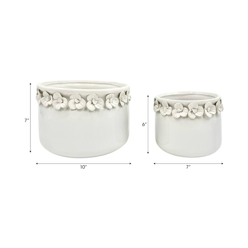 Ceramic Round Planter Sculpted Floral Rim Detail and Drainage Hole