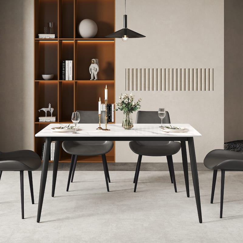 Modern White Marble Dining Table, 55" Rectangular Sintered Stone Kitchen Table for 4 People with Black Metal Legs
