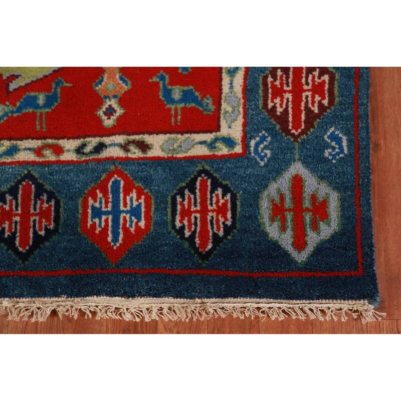 Animals Green Kazak Oriental Area Rug Handmade Wool Carpet - 4'10" x 7'7"