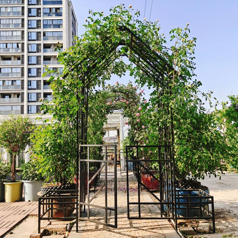 Metal Garden Arch with Bench Turned into Flower Stand Climbing Plants Support Rose Arch Outdoor Black