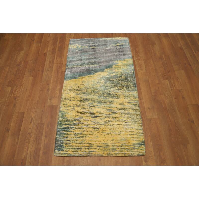 Hand Knotted Oriental Viscose Silk Carpet Modern Abstract Yellow & Gold Abstract Area Rug - 4' 0'' X 2' 0''