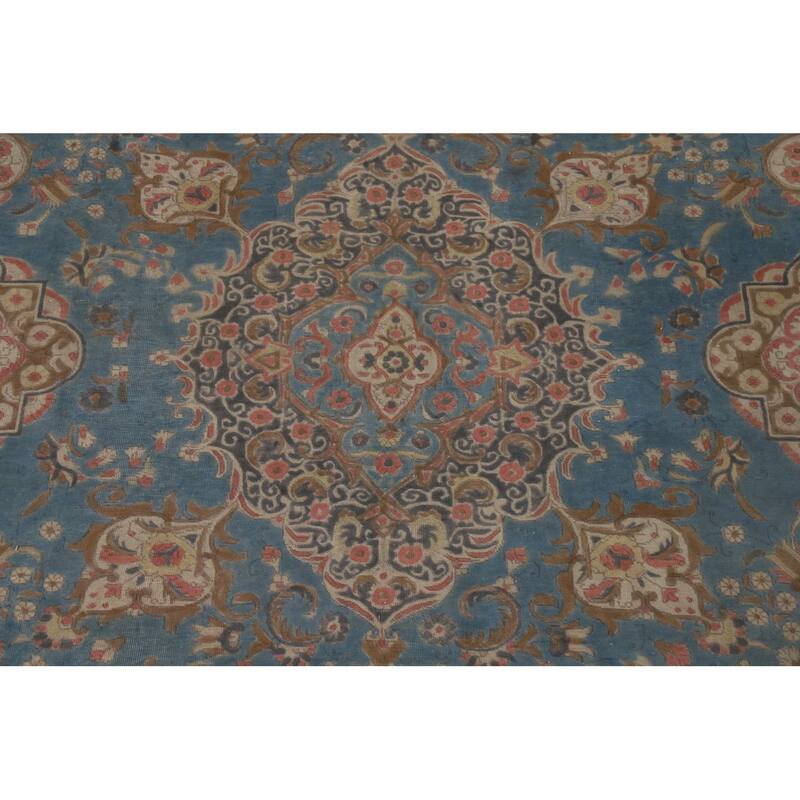 Distressed Blue Tabriz Persian Antique Area Rug Handmade Wool Carpet - 9'3" x 12'8"
