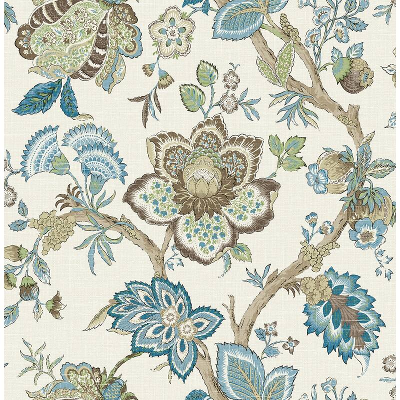 Seabrook Designs Bernadette Jacobean Nonwoven Unpasted Wallpaper - 27 in. W x 27 ft. L - Hickory Smoke & Blue Bell