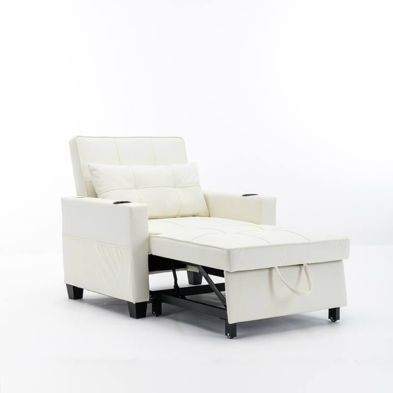 Leather Futon Armchair Bed with USB, Cup Holders & 3-Position Backrest