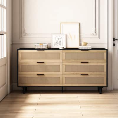 59.06"6-Drawers Rattan Storage Cabinet Rattan Drawer,for Bedroom,Living Room, Black