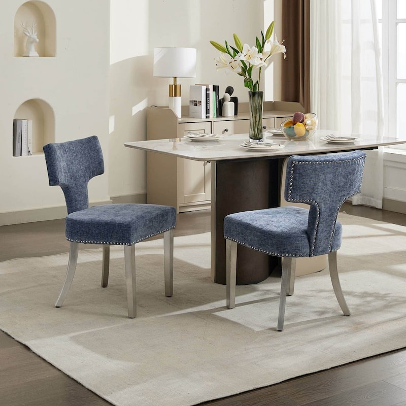 Set of 2 Chenille Upholstered Dining Chairs with Silver Steel Legs - Blue